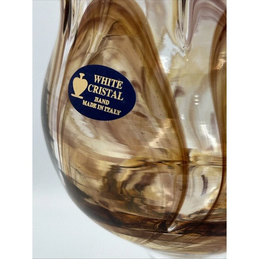 MURANO Italy Hand Blown White Cristal Light Amber Art Glass Petal Vase Bowl